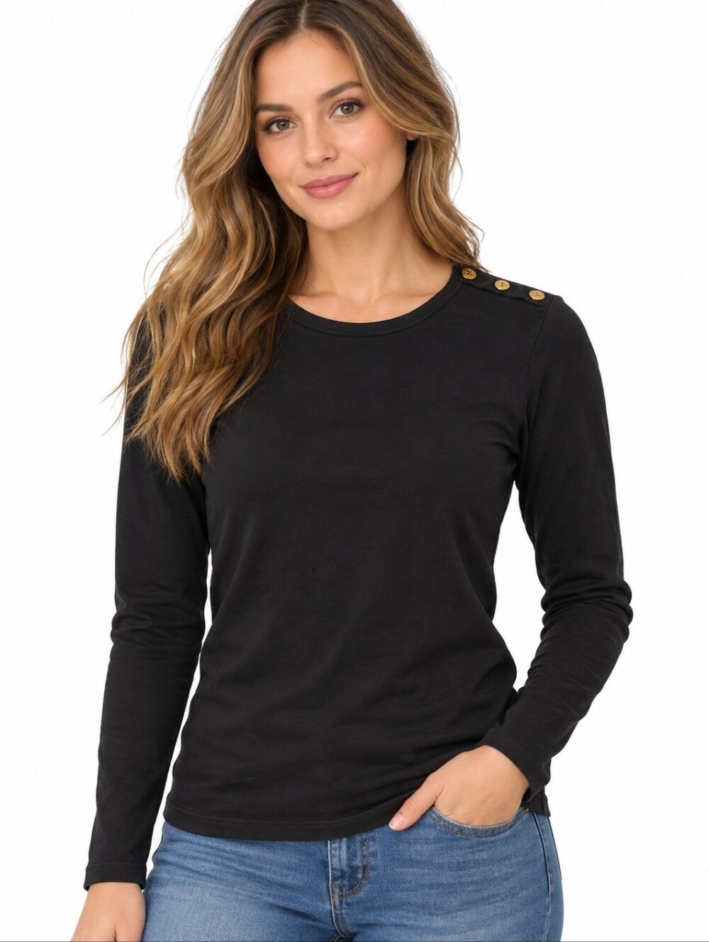 Lauren Ralph Lauren Black Long Sleeve Top Gold RL Button Shoulder Size L